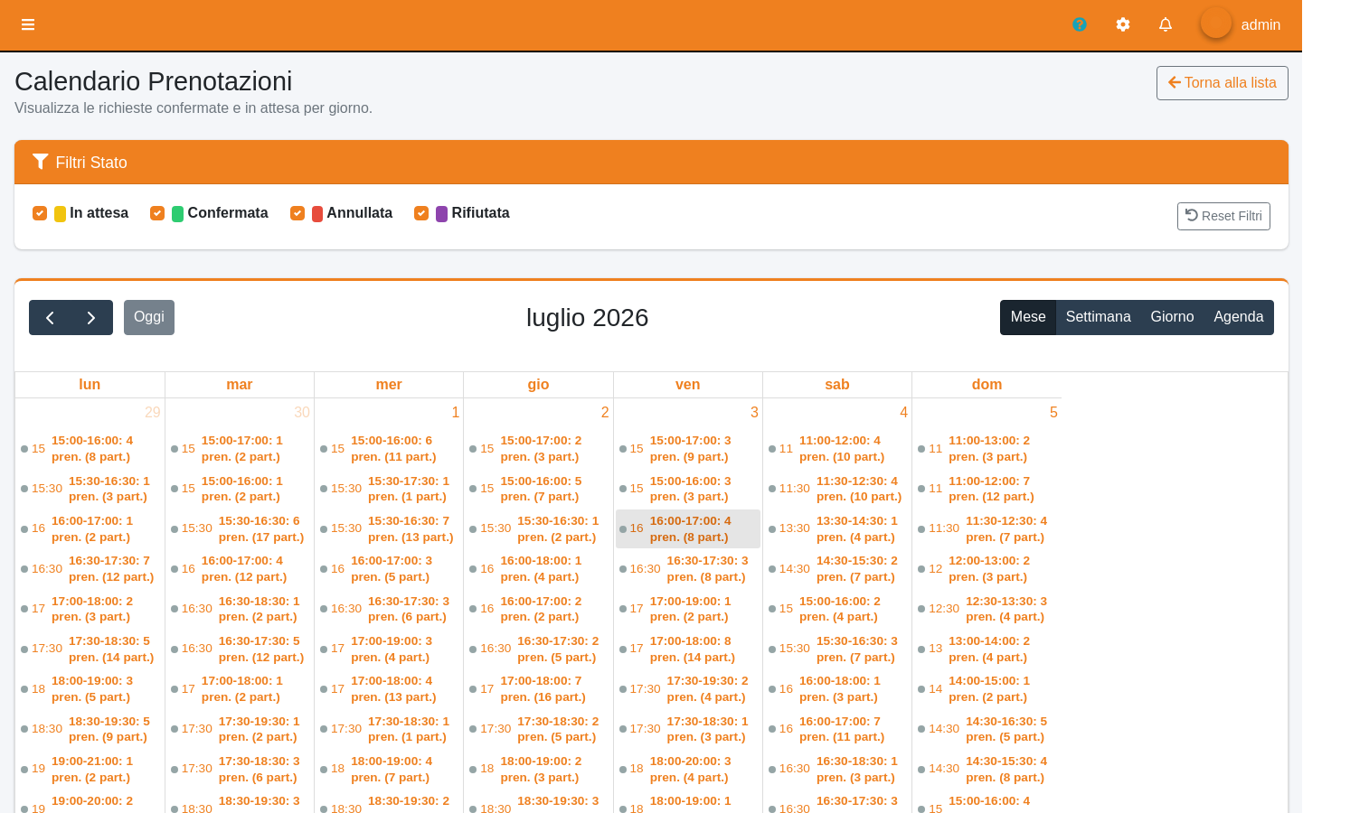 Calendario prenotazioni